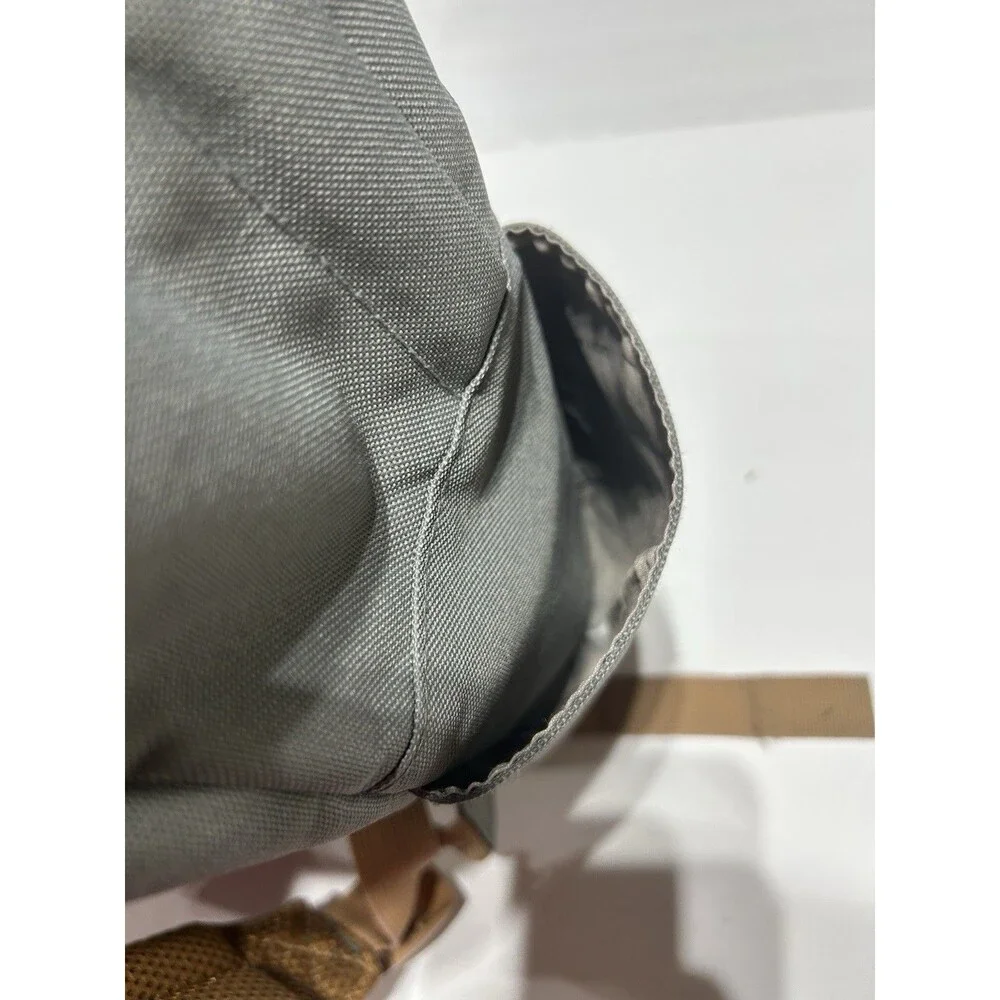 Lucky Brand Grey Canvas Backpack Tan Faux Leather Trim Clover Logo Travel Bag